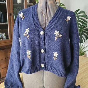 Thread & Supply Navy Cardigan with Floral Embroidery